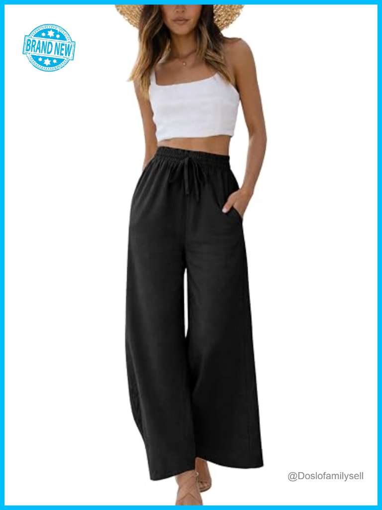 55% Linen Cotton Wide Leg Pants Elastic High Waist Drawstring Palazzo Trousers